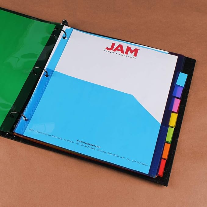 JAM PAPER Plastic Index 8-Tab Dividers w/Double Pockets - 9 3/4 x 11 1/2 - Assorted Multi-Color - 8 Tabbed Dividers/Pack