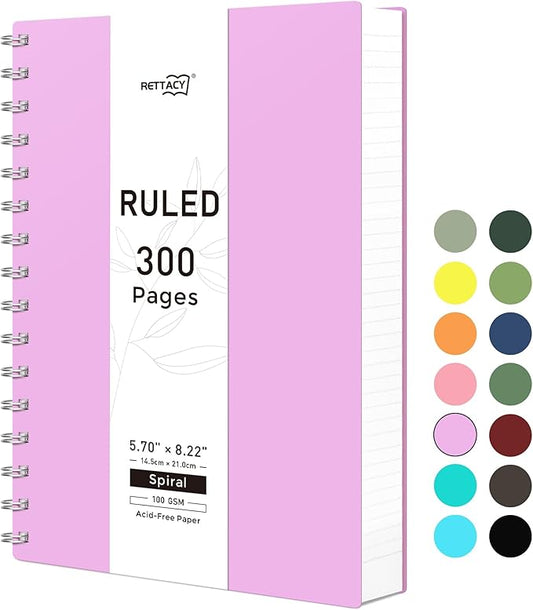 RETTACY Spiral College Ruled Notebook, 300 Pages, A5 Medium Size (5.7" x 8.2"), for School, Work, Writing, Journaling, 100 GSM Thick Paper, Flexible Plastic Cover (Lilac)