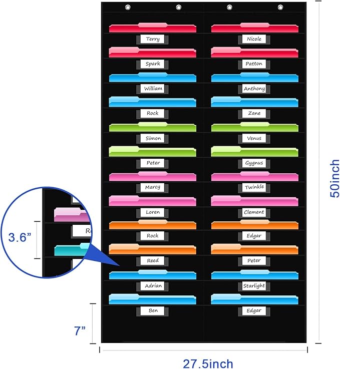REGELETO 24 Pockets File Storage Pocket Chart with 24 Nametag Pockets, Hanging Wall File Organizer for Classroom and Office, Organize Your Assignments, Files, Scrapbooks, Paper (Black-24 pockets)