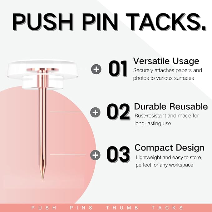 120 PCS Flat Rose Gold Push Pins for Wall Thumb Tacks for Walls Flat thumbtacks Push pin for Bulletin Board Shadow Box Display Thumbtack for Cork Board