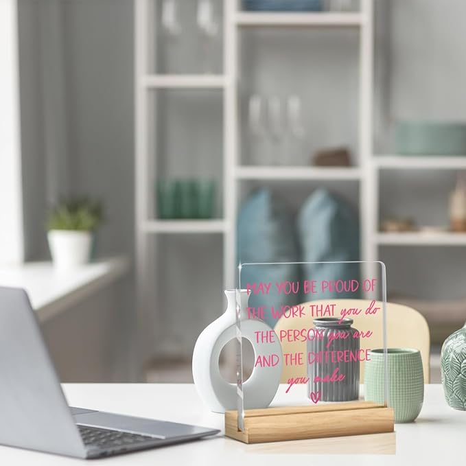 Preppy Coquette Office Gifts for Women, Pink Inspirational Positive Affirmation Motivational Thank You Appreciation Sign Acrylic Sign Plaque Table Decorations for Home Office Retirement