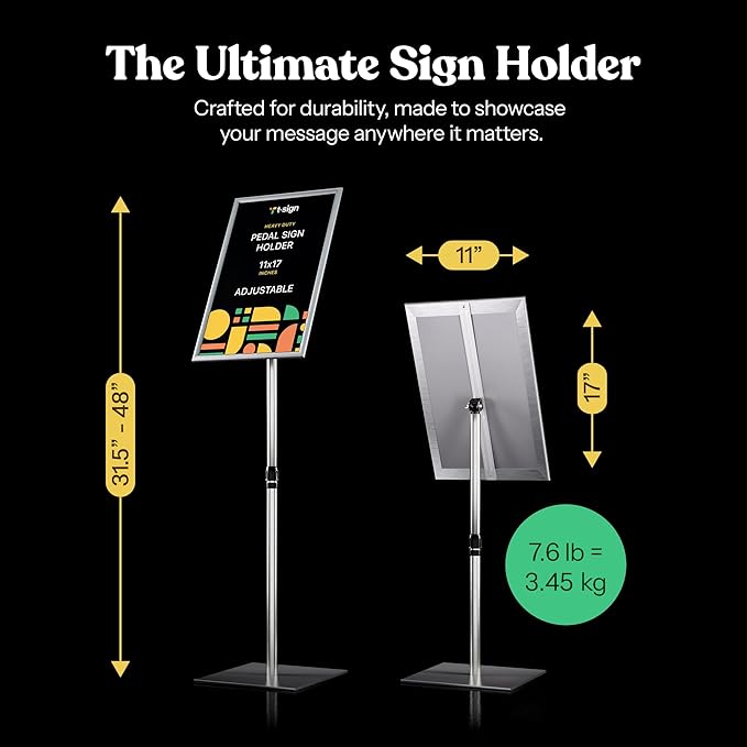 T-SIGN Adjustable Heavy Duty Pedestal Sign Holder Poster Stand - 11x17 Inch Vertical & Horizontal Sign Stand Displayed Poster Holder - Steel Square Base Sign Stands for Display (Silver)