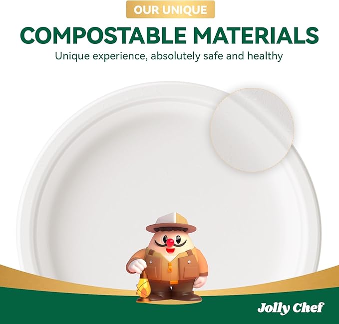 JOLLY CHEF Compostable Heavy Duty Plates 𝟭𝟬 𝗜𝗻𝗰𝗵 [𝟯𝟬𝟬 𝗣𝗮𝗰𝗸] Eco-Friendly Disposable White Paper Plates Made of Bagasse Biodegradable Bulk for Party Dinner Sugarcane Thanksgiving Day