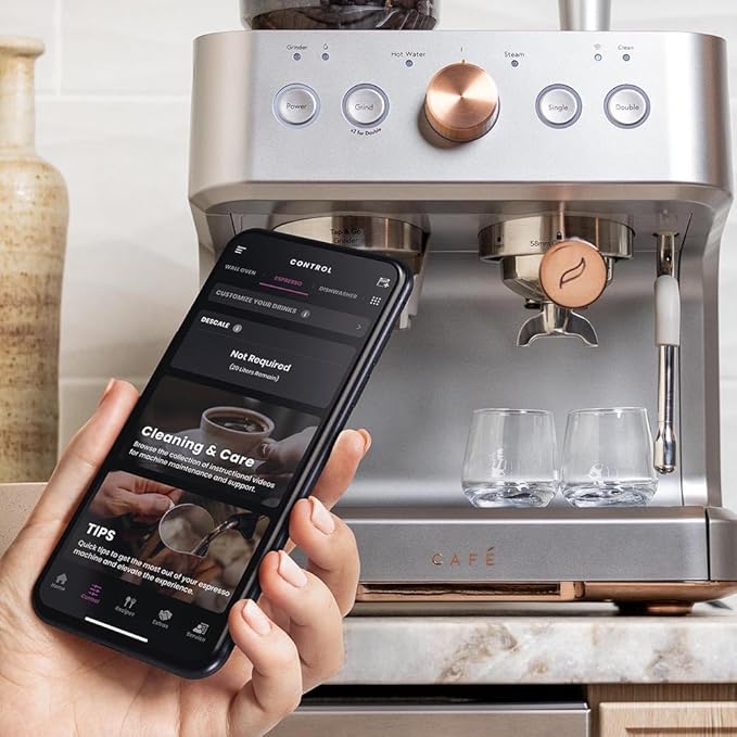 Café Bellissimo Semi Automatic Espresso Machine + Milk Frother | WiFi Connected, Smart Kitchen Essentials | Built-In Bean Grinder, 15-Bar Pump & 95-Ounce Water Reservoir | Steel Silver