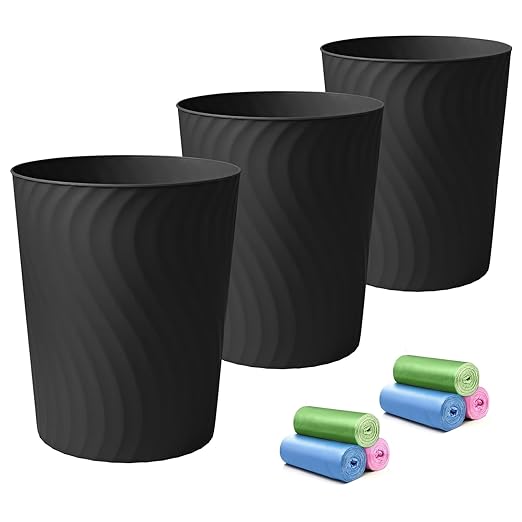YGJT Small Trash Can, 3 Pack 1.8 Gallons Bathroom Trash Can, Slim Waste Basket, Round Garbage Can, Plastic Trash Bin for Kitchen, Dorm, Bedroom, Office, Living Room, Study, Compact Spaces(Black)