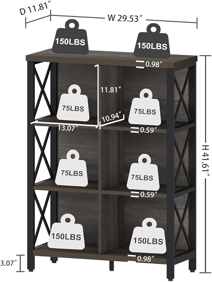 FATORRI 6 Cube Storage Organizer Shelf, Rustic Wood and Metal Cubby Bookcase, Industrial 4 Tier Cube Bookshelf (Walnut Brown)