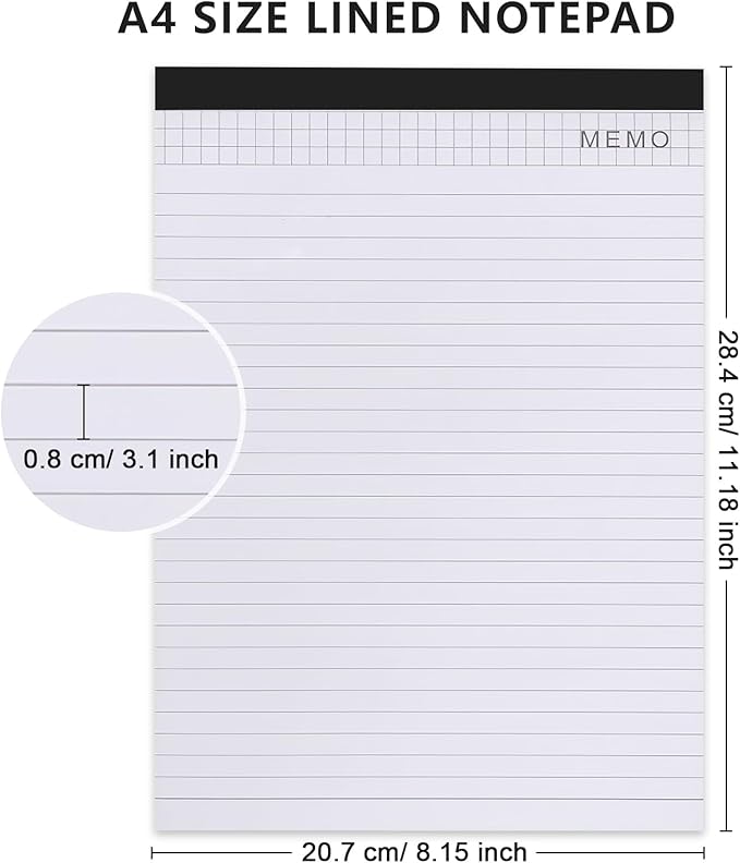 SAYEEC Legal Pads, A4 Size Wide Ruled Writing Note Pads, 8" x11" Lined Notepad Notebook Paper for Business School College Office 25 Sheets Per Pad (2 Pack)