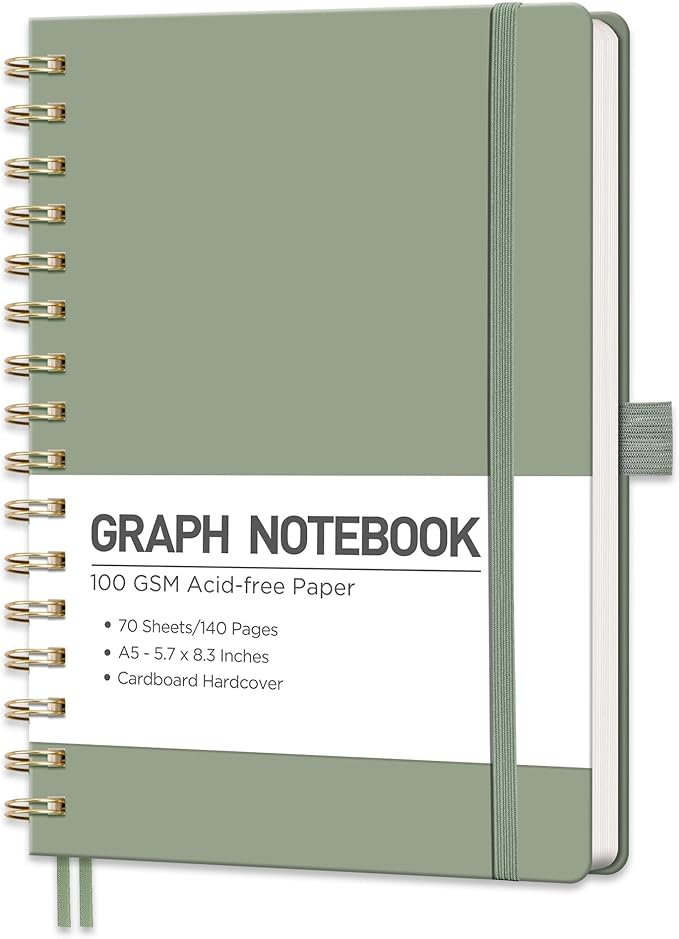 RETTACY Graph Grid Paper Notebook, 140 Pages, A5 Medium Size (5.7'' x 8.3''), 5 Squares per Inch, Hardcover, 100 GSM Thick Paper, for School, Students, Math, Engineering (Light Green)