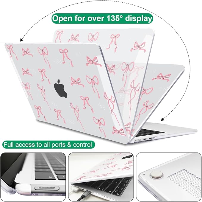 for 2025 M4 MacBook Air 13.6 inch Case 2024 M3 A3113 2022 2023 A2681 M2 Chip,Crystal Plastic Pattern Hard Case Keyboard Cover Screen Film for MacBook Air 13.6 M4 A3240 Touch ID, Pink Bowknot