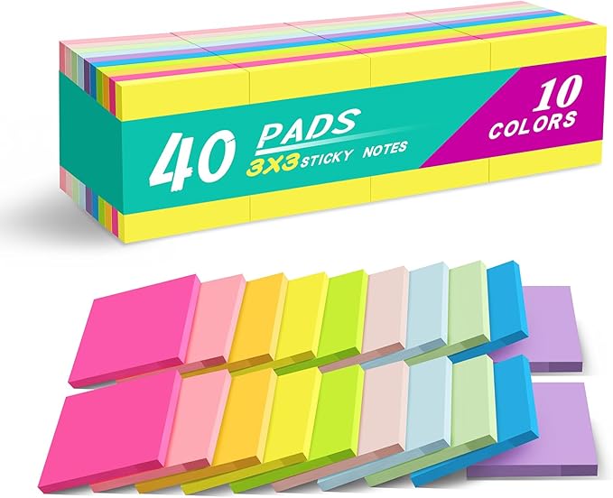 (40 Pads) Sticky Notes 3x3 in Post Bright Stickies Colorful Super Sticking Power Memo Pads, Strong Adhesive
