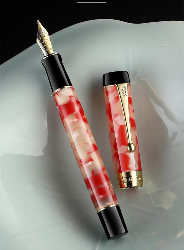 Jinhao 100 Fountain Pen Celluloid Classic Style, #6 Nib Smooth Writing Instrument with Refillable Converter and Pen Case Set
