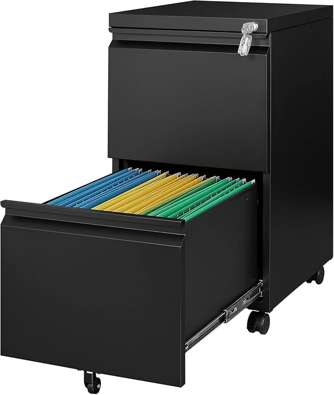 Letaya 2 Drawer Mobile File Cabinet with Lock, Under Desk Metal Rolling Filing Cabinets for Home Office Organizer Letters/Legal/A4 (Black- Requires Installation)