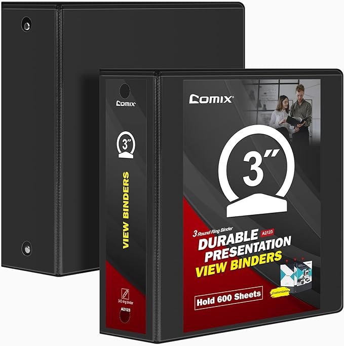 Comix Sturdy Round Ring Binder 3 inch with Clear View Cover, Holds 600 Sheets of US Letter Size Paper, 2 Pack (Black)