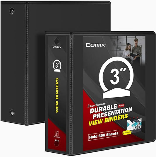 Comix Sturdy Round Ring Binder 3 inch with Clear View Cover, Holds 600 Sheets of US Letter Size Paper, 2 Pack (Black)