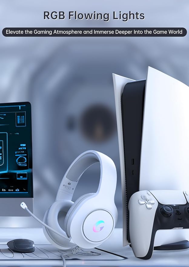 CM7002 Gaming Headset for PS5, PS4, PC, Mac, Switch, Xbox Series, Surround Sound RGB Gaming Headphones with Noise Canceling Microphone, 50MM Dynamic Drivers, 3.5MM Audio Jack, Light White