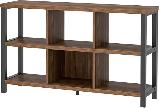 FOLUBAN 6 Cube Storage Organizer Bookshelf, Industrial Horizontal Low Cubby Bookcase for Living Room Bedroom (Rustic Walnut, 47 Inch)