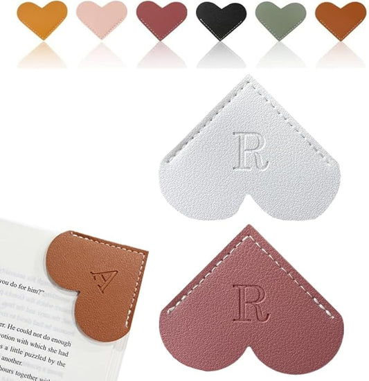 Personalized Leather Heart Bookmark, 26 Letters Customized Corner Book Mark for Reading Women, Book Marker with Initials，Cute Gifts (White+Deep Pink, R)
