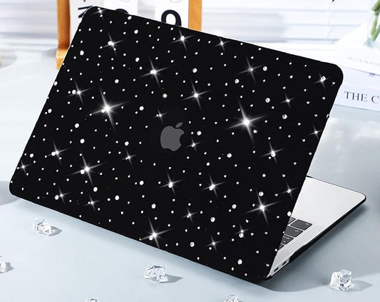 KEROM Diamond Case for MacBook Air 13 inch 2022-2018 M1 A2337 A2179 A1932, Luxury Bedazzled Bling Shiny Sparkle Glitter Texutured PU Leather Hard Shell Case & Keyboard Cover for Mac Air 13, Black