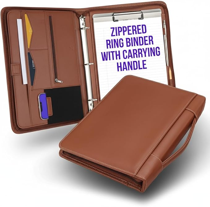 STYLIO Zipper Portfolio Binder with Carrying Handle | Removable 3-Ring Binder (1") w/Clipboard Padfolio | Organizer for Documents, iPad, Tablet, Phone, Notebook| Business Leather Folder for Men Women