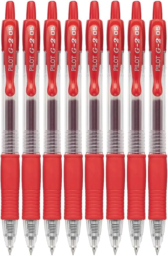 G2 Retractable Premium Gel Ink Roller Ball Pens Extra Fine Point (.5mm) Red Ink 8 pack; Refillable & Premium Comfort Grip Bundle with Plastic Reusable Pouch