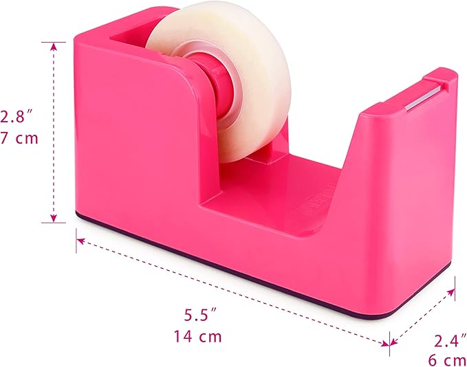 ABEL SimpleWork Desktop Tape Dispenser, Pink, 1 in Core, Non-Skid Weighted Base, Tape Cutter for Office, Home, School, and Crafts