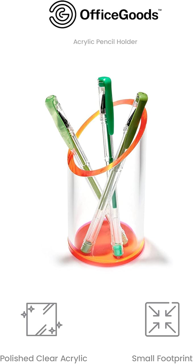 OfficeGoods Acrylic Pen & Pencil Holder - Modern Cylinder Design - Beautiful Desk Organizer for Home or Office - Contrasting Base & Rim - 5.25” H x 2.5” W - Neon Red