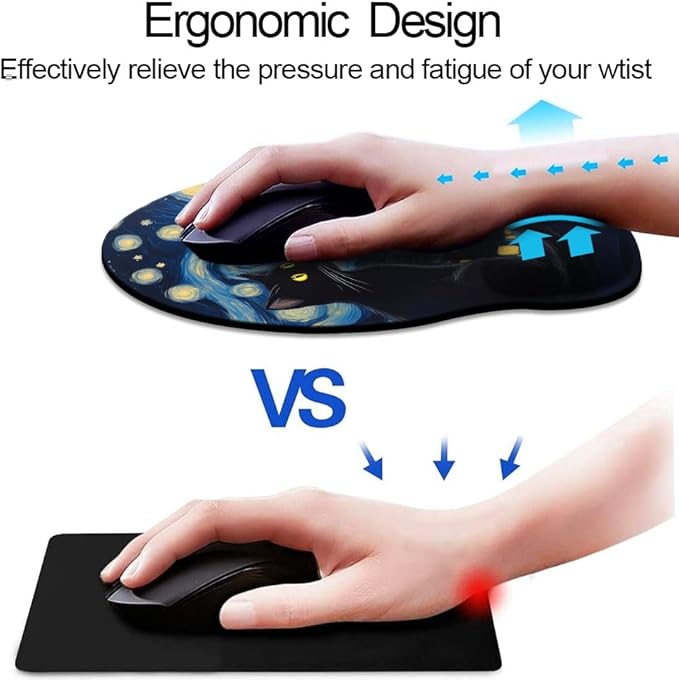 Ergonomic Mouse Pad with Wrist Support,Mouse Pad with Wrist Rest and Coaster Set,Office Supplies Non-Slip Mouse Pads for Desk, Non-Slip Comfortable,Cute Black Cat