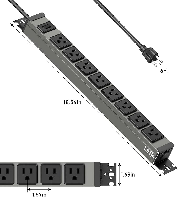 JUNNUJ Heavy Duty Power Strip 8 Outlet Wall Mount, Metal 20 Amp Surge Protector 1200J, Garage Industrial Outlets 6-20R T-Slot, 6FT 12AWG Extension Cord.