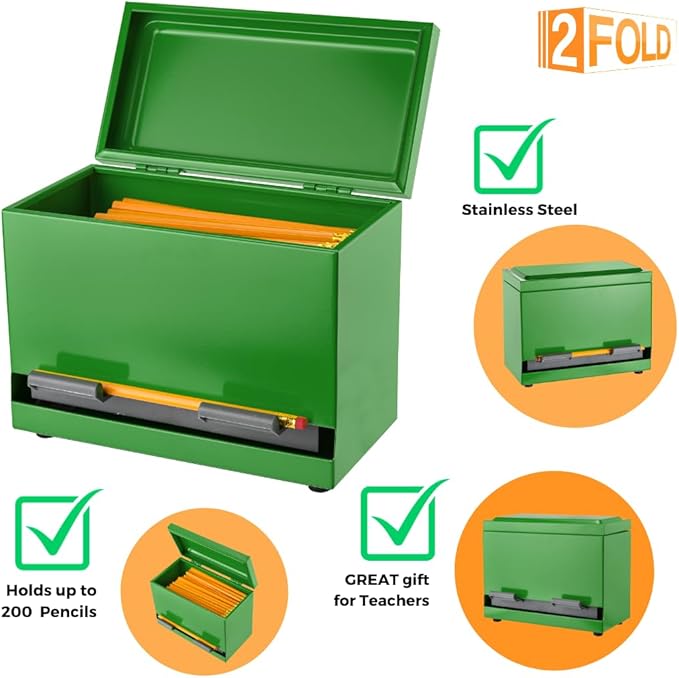 2Fold Pencil Dispenser for Classroom - Stainless Steel Bulk Pencil Holder for Desk - Includes Removable Label Stickers - Teacher Must Haves for Organization - Holds up to 200 Pencils (Green)