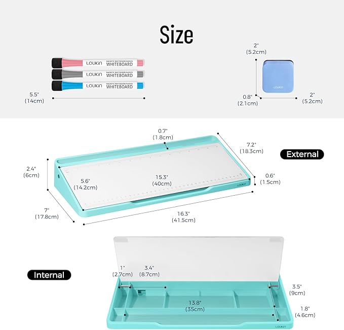 LOUKIN Glass Desktop Whiteboard, 15.3" x 5.6" Dry Erase Desk Board with Dotted and Graduated Surface, Desktop Buddy, Great for Design and Drawing, 3 Markers and 1 Dry Erase Eraser Included (Sky Blue)