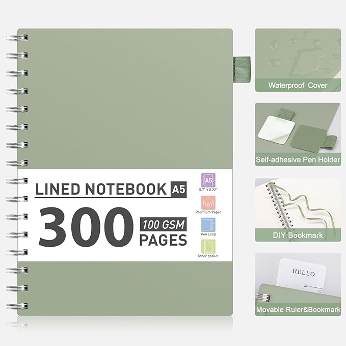 AHGXG Spiral Notebook - A5 Notebook College Ruled, Small 5.7" X 8.22", 300 Pages Thick Notebook Journal, 100GSM Lined Paper, Plastic Hardcover, for Work Office School Writing Notes, Sage Green