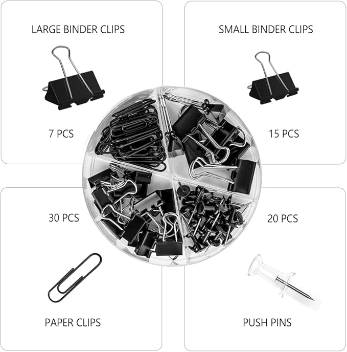 Paper Clips and Binder Clips Set, Metal Assorted Sized Binders with Push Pins, Black Office Supplies for Desk, Durable Desk Accessories