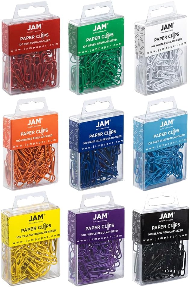 JAM PAPER Colorful Standard Paper Clips - Regular 1 Inch - Assorted Paperclips - 100 Clips per Color