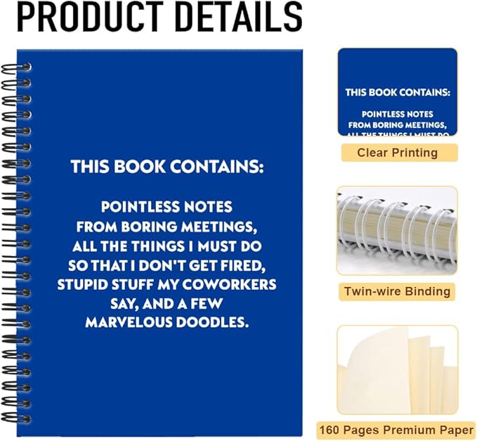 Pointless Notes from Boring Meetings Funny Dark Blue Golden Spiral Notebook, Humorous Office Gifts, Gag Gifts for Coworkers, Funny Office Sarcastic Gifts for Coworkers,Team Members, Employees