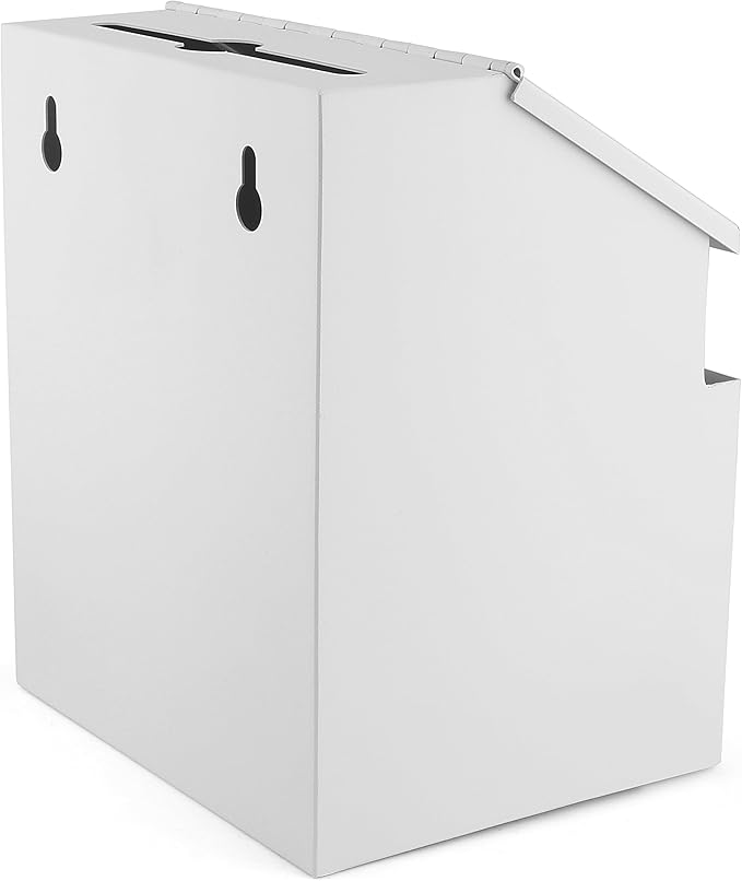 Suggestion Box with Lock and keys, Metal Wall Mounted Ballot Box, Iron steel Donation and Collection Drop Box 8.5" H x 6" W x 7" L with wide 5.5" Slot and front sheet holder (White)