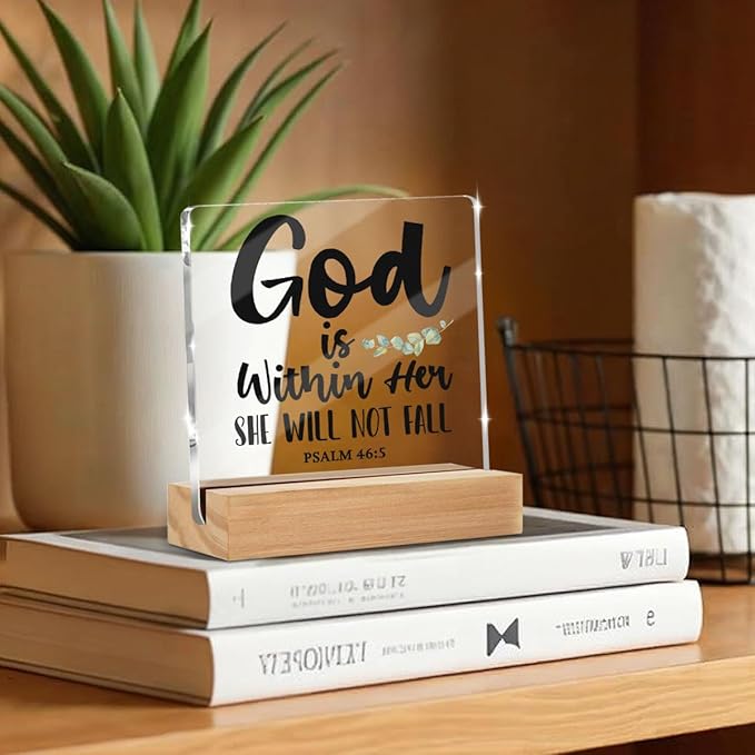God is within Her Bible Verse Christian Gifts for Women Men Coworkers Friends, Motivational Quotes Psalm 46 : 5 Desk Decor Acrylic Sign 4x4 Inch, Positive Affirmations Desk Accessories Signs