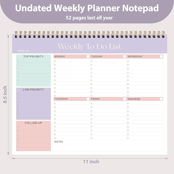 Weekly To Do List Notepad, Undated Planner with 52 Sheets (8.5''x11''), Desk Weekly Planner for Women & Man, Home School & Work