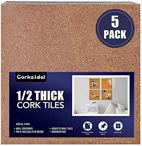 Corksidol Cork Tiles 12"x12" - 1/2" Thick -Bulletin Board-Cork Board- Ultra Strong Self Adhesive Backing for Floor/Wall/DIY-5 Pack