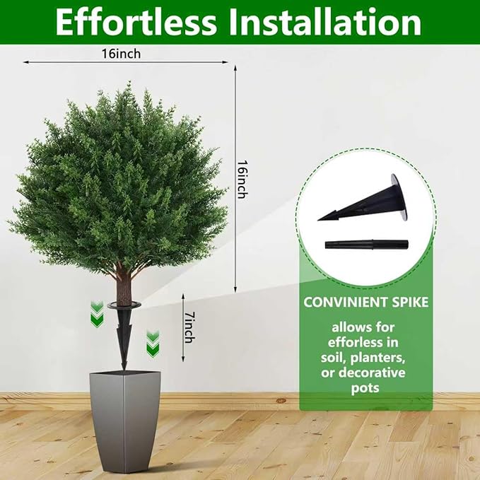 Artificial Set of 2 Cedar Topiary Ball Trees 23" for Outdoors with Ground Spike, UV Resistant Faux Cypress Plants, Evergreen Shrubs Bushes for Front Porch Garden Backyard Decor