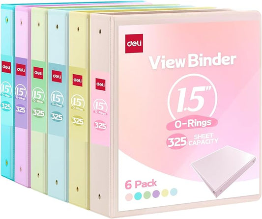 Deli 1.5-inch 3 Ring Binder with 2 Interior Pockets, 325 Sheets Capacity, 1.5 inch Binders fits 11" x 8.5" US Letter Size, Assorted 6 Pastel Colors, 6 Pack