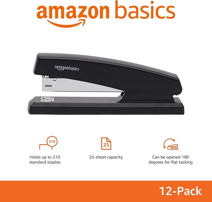 Amazon Basics 25-Sheet Capacity, Non-Slip, Office Desk Stapler with 1000 Staples, Black - Pack of 12