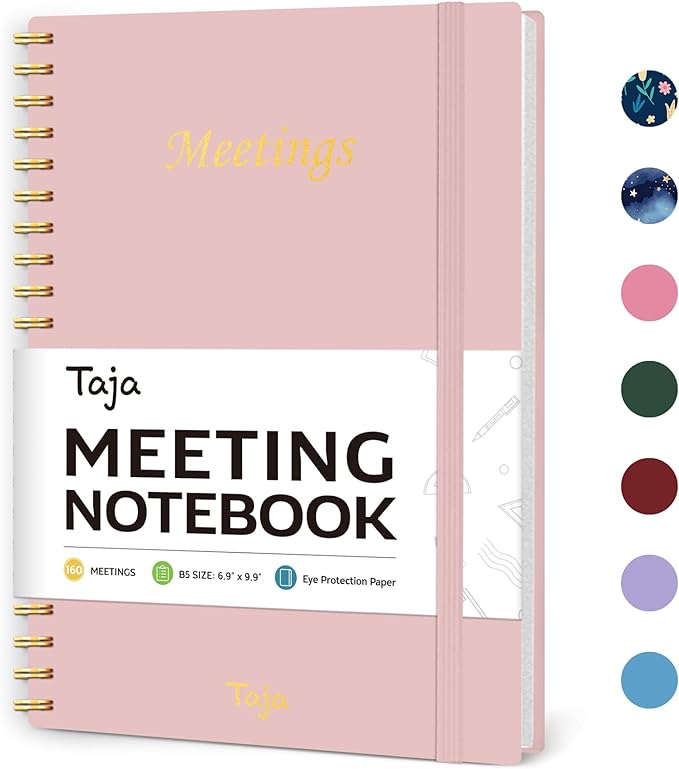 Taja Meeting Notebook For Work Organization - Work Planner Notebook With Action Items, Agenda Planner For Note Taking, 160Pages (6.9" X 9.9") Project Planner For Men & Women - Pink