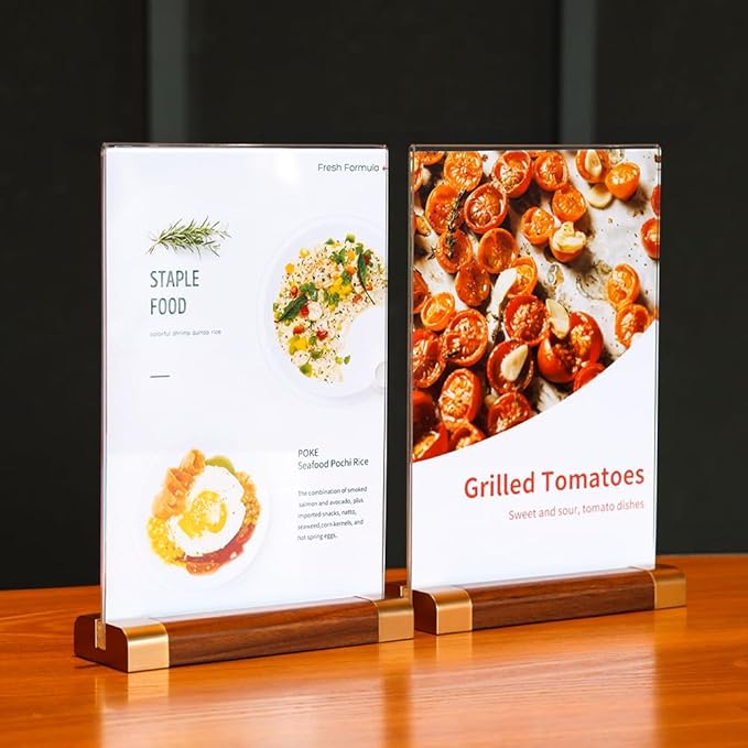 Acrylic Sign Holder 5" x 7" with Wood-Color Base, Tabletop Double-Sided Display Sign Frame Vertical Clear for Store/Coffee Shop/Restaurant Menu Hotel Display Board, 3 Pack T Shape