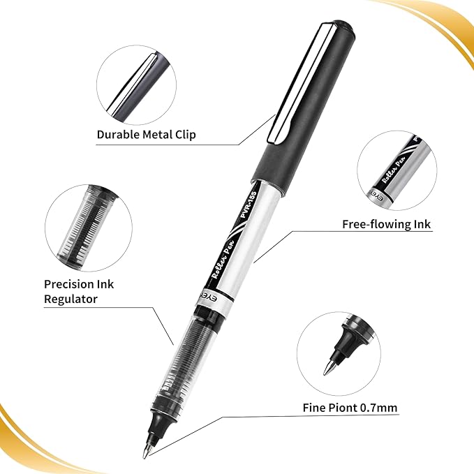 EYEYE 0.7mm Black Roller Ball Pens 25 Pack, Medium Point Rollerball Pen Quick Dry, Liquid Ink Pens Fine Point Smooth Writing Pens for Journaling, Note Taking, Office and School Supplies
