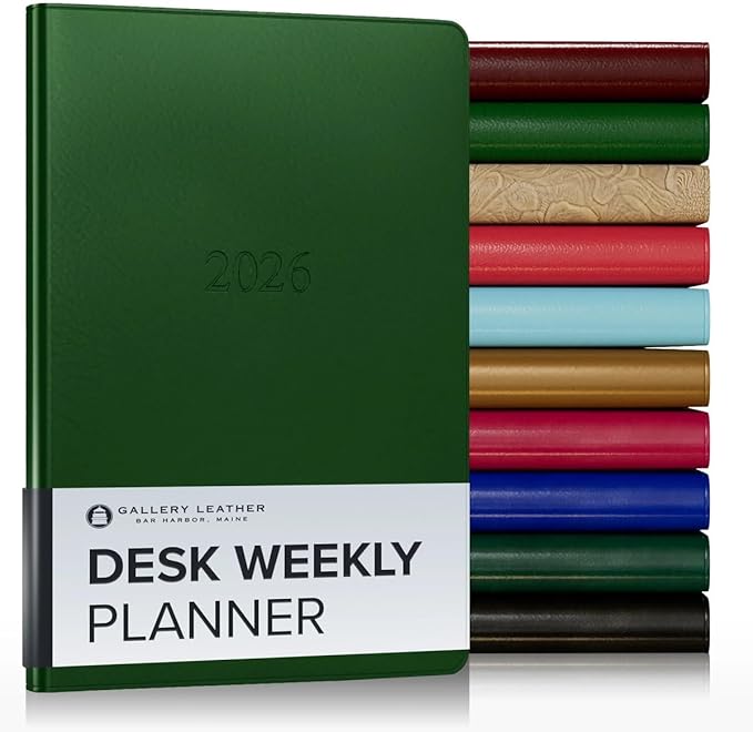 Gallery Leather Desk Weekly Monthly Planner 2025-2026, Elegantly Bound Calendar Planner and Notebook with Stylish Gold-Gilded Page Edges, 12 Months - Freeport Metallic Hunter - 8 x 5.5 "