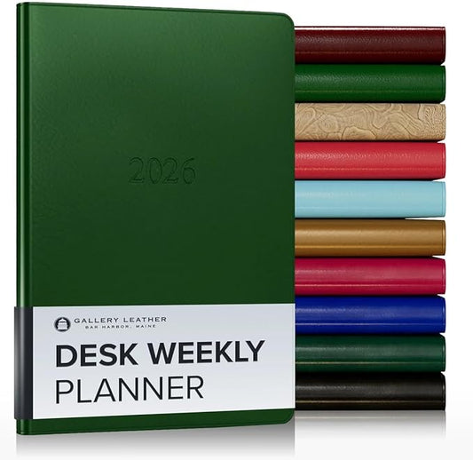 Gallery Leather Desk Weekly Monthly Planner 2025-2026, Elegantly Bound Calendar Planner and Notebook with Stylish Gold-Gilded Page Edges, 12 Months - Freeport Metallic Hunter - 8 x 5.5 "