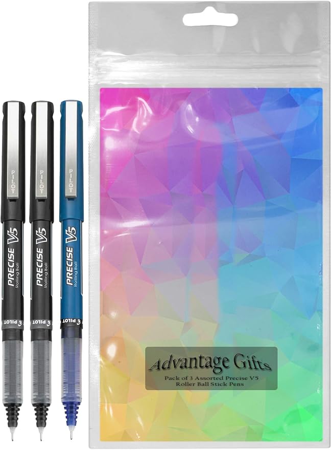 Precise V5 Stick Rolling Ball Pens, Extra Fine Point (.5mm), Assorted Colors Black/Blue Ink, 3-pk; Bundle with Plastic Reusable Pouch
