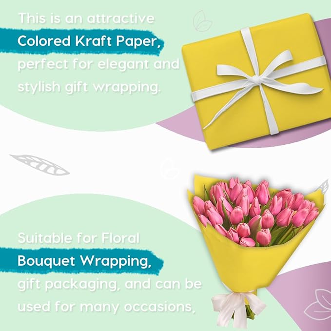 PerkHomy 24" x 2,400" (200') Lemon Yellow Kraft Paper Roll for Craft Bulletin Board Paper Art Table Covering Crafting Gift Wrapping Bouquet Packing Parcel 80GSM 55LB (Lemon Yellow, 24" x 200')