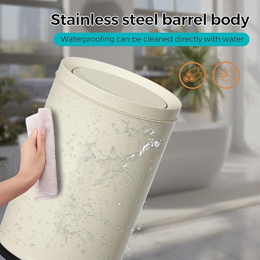 2.3 Gallon/9L White Round Trash Can with Swing Lid, Metal Garbage Can,Modern,Elegant Waste Basket,for Bathroom, Bedroom,Living Room,Office,RV,Home(9L-White)