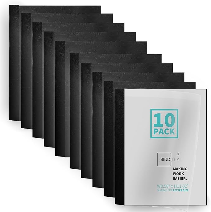 Binditek 10 Pack Thermal Binding Presentation Covers, 1/16 Inch Spine, Holds 15 Sheets, Ultra Clear Front Cover, Black Paper Back Cover, Letter Size, for Students and Coworkers